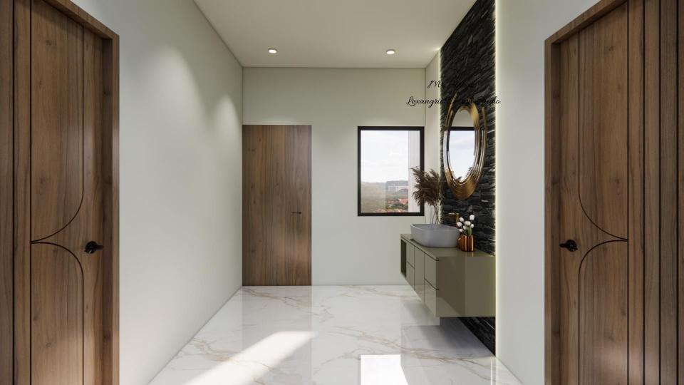 Small passage and showing vanity unit with decorative mirror