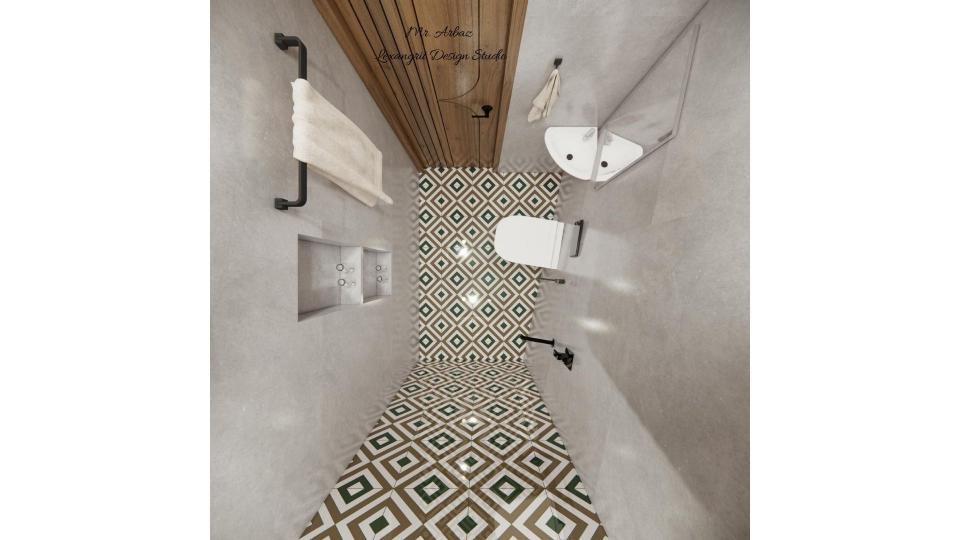 Tapered and irregular shaped bathroom floor plan layout showing effortless placement of shower, sink and WC in an awkward space