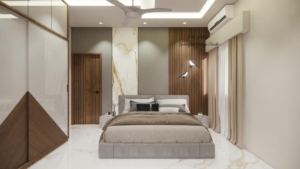 Bedroom bed back wall design with UV marble sheet and wooden louvers on grey painted walls