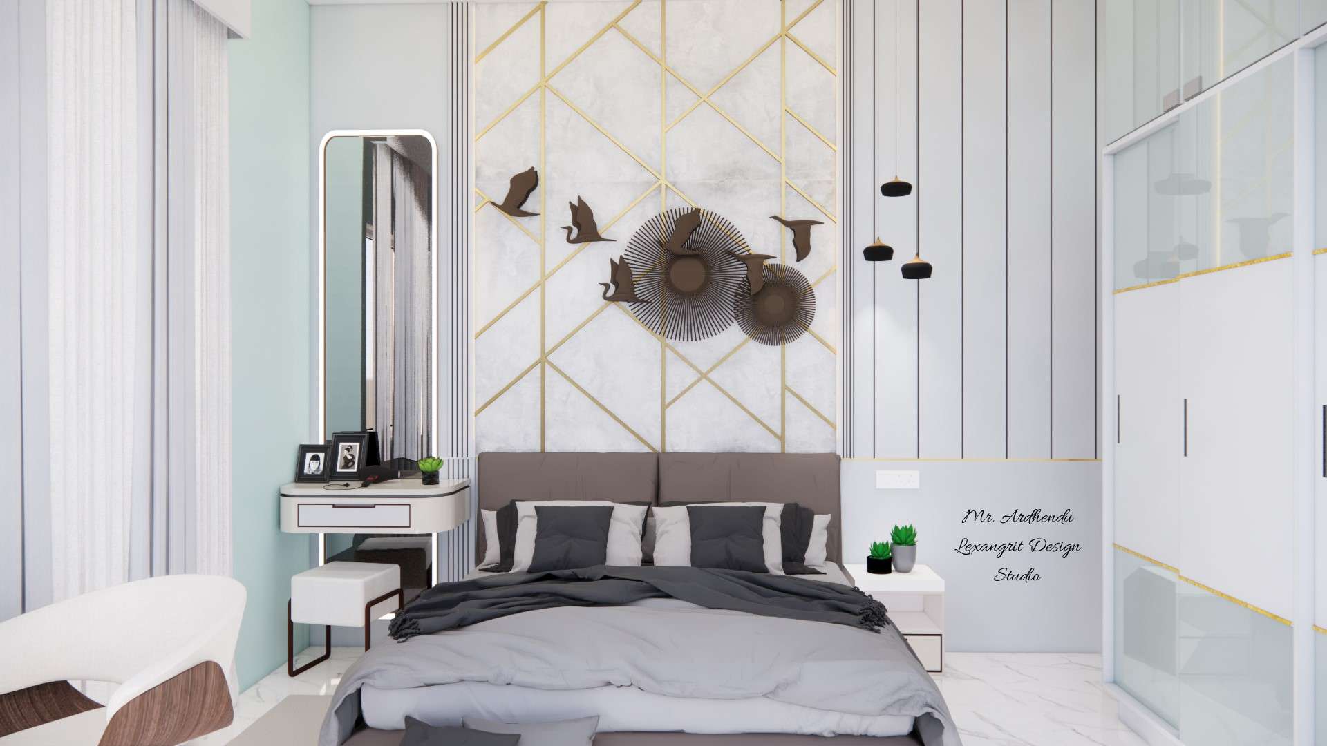 Bedroom dresser design with large mirror and profile light beside bed back wall with decorative items against textured wallpaper wall by Lexangrit Design Studio