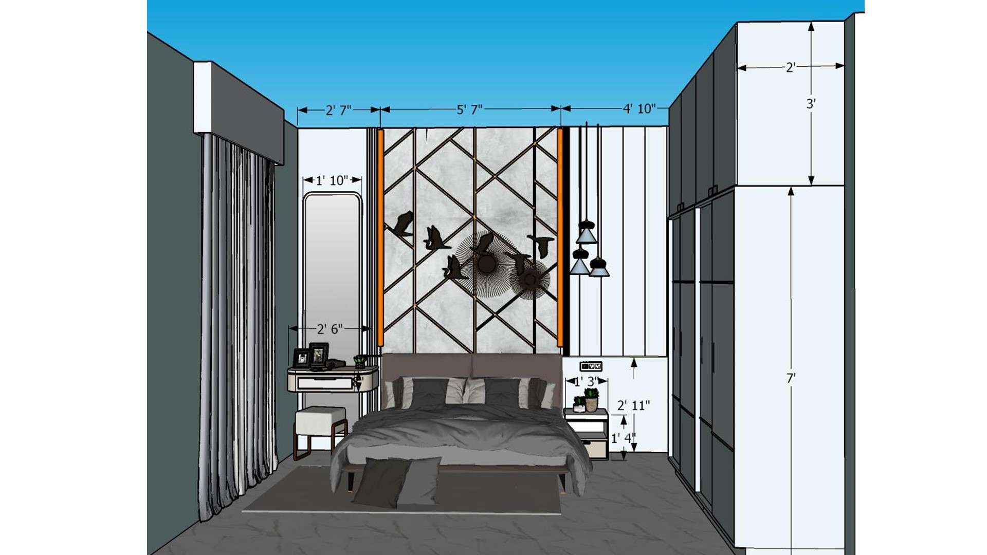 2D elevation working drawing of bedroom dresser with large mirror and profile light alongside bed back wall elevation showing exact dimensions by Lexangrit Design Studio