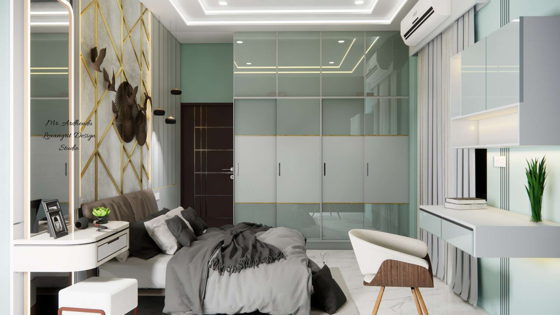 Bedroom sliding wardrobe with 4 shutter and loft beside door made with colored glossy laminates for a modern Indian bedroom by Lexangrit Design Studio