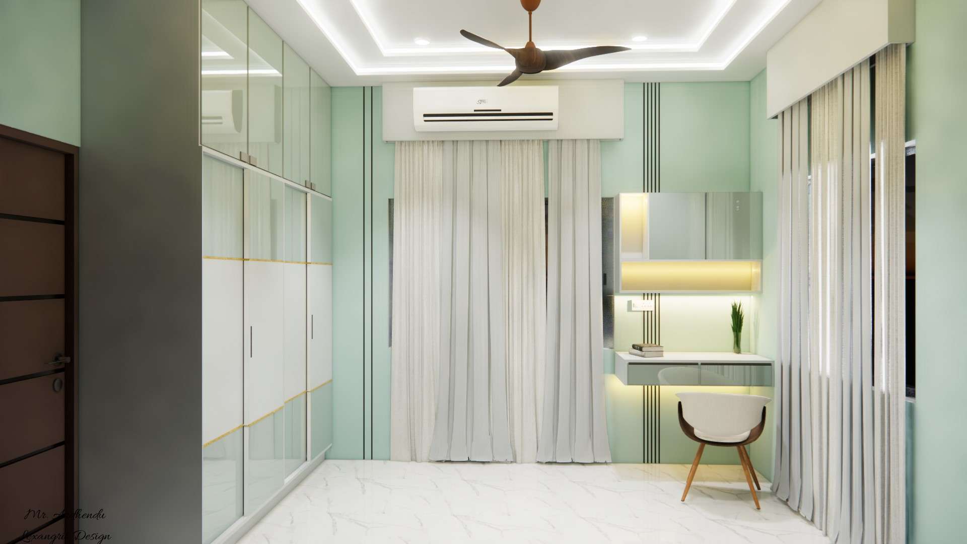 Bedroom study unit design with floating study table with 2 drawers, wall shutter cabinets and open shelves for a functional and stylish bedroom workspace by Lexangrit Design Studio