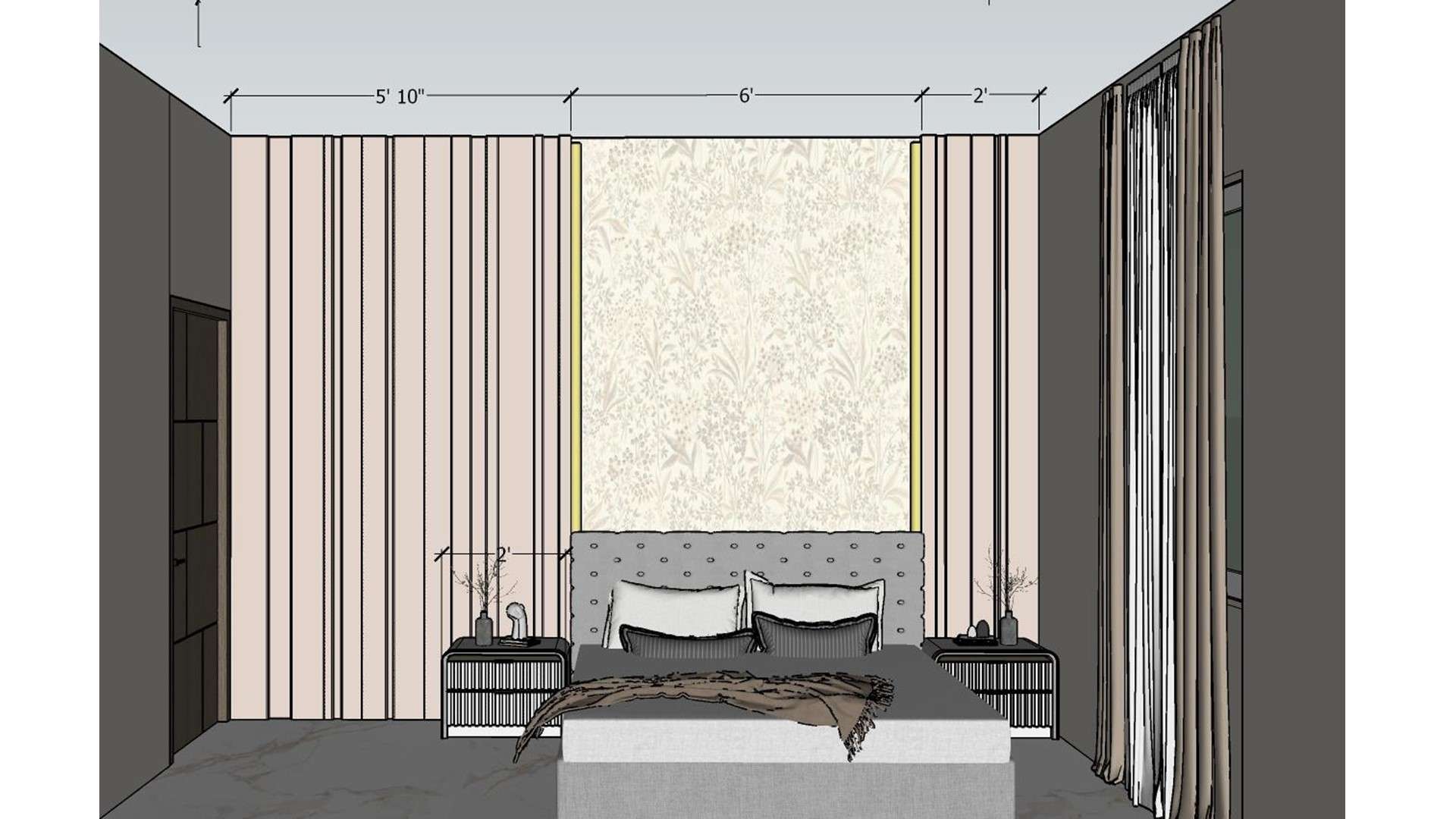 2D front elevation working drawing of bedroom bed back wall with tufted headboard, HDHMR panel, wallpaper centre and recessed lights showing exact dimensions by Lexangrit Design Studio