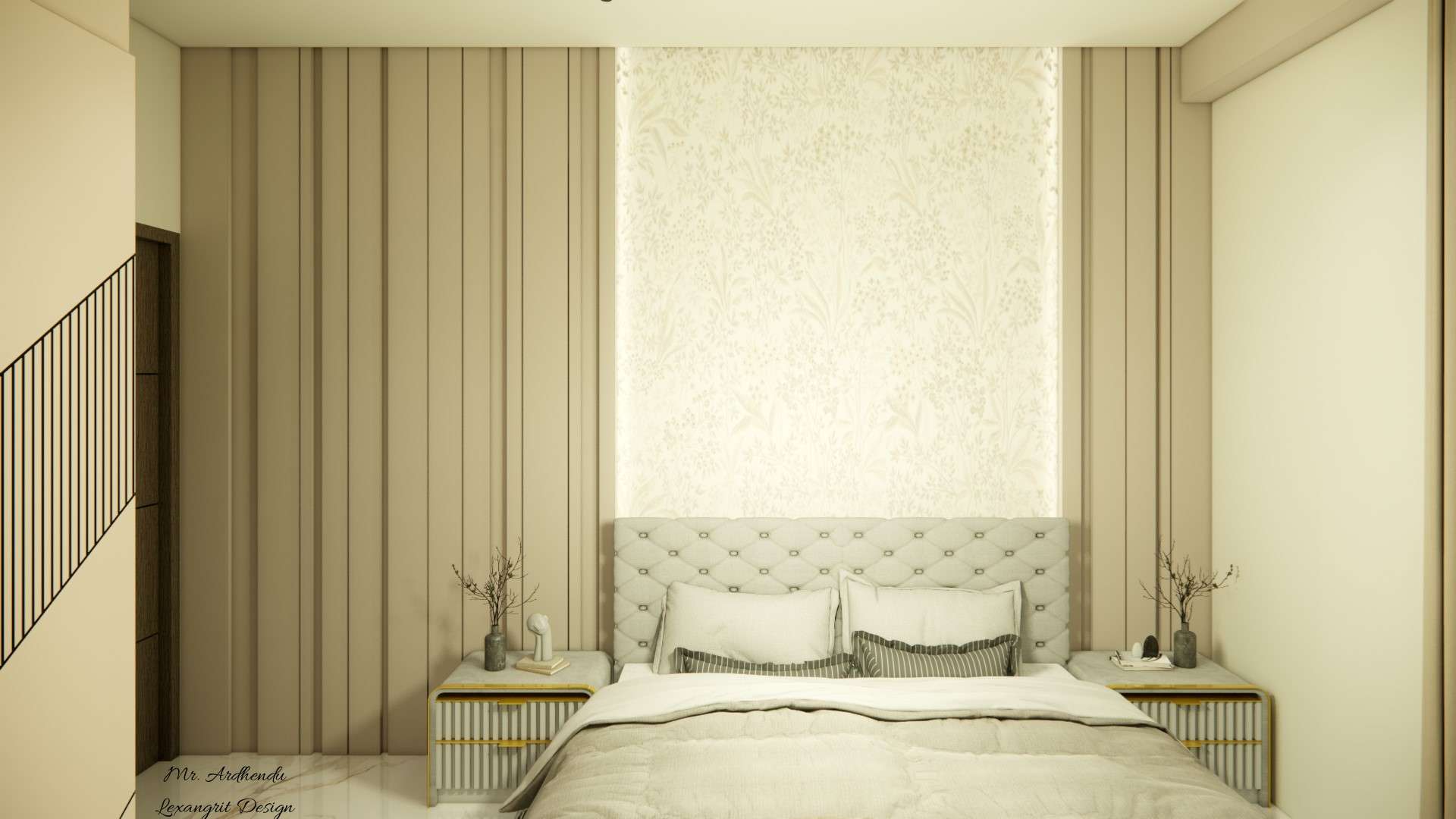 Bedroom with tufted headboard bed and 2 bedside tables against low budget HDHMR panel bed back wall with wallpaper centre and recessed lights enhanced by warm bedroom lighting by Lexangrit Design Studio