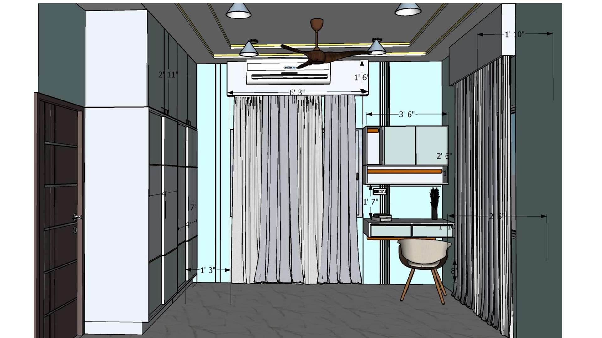 2D front elevation drawing of bedroom workstation with floating study table with 2 drawers, wall shutter cabinets and open shelves showing exact dimensions by Lexangrit Design Studio