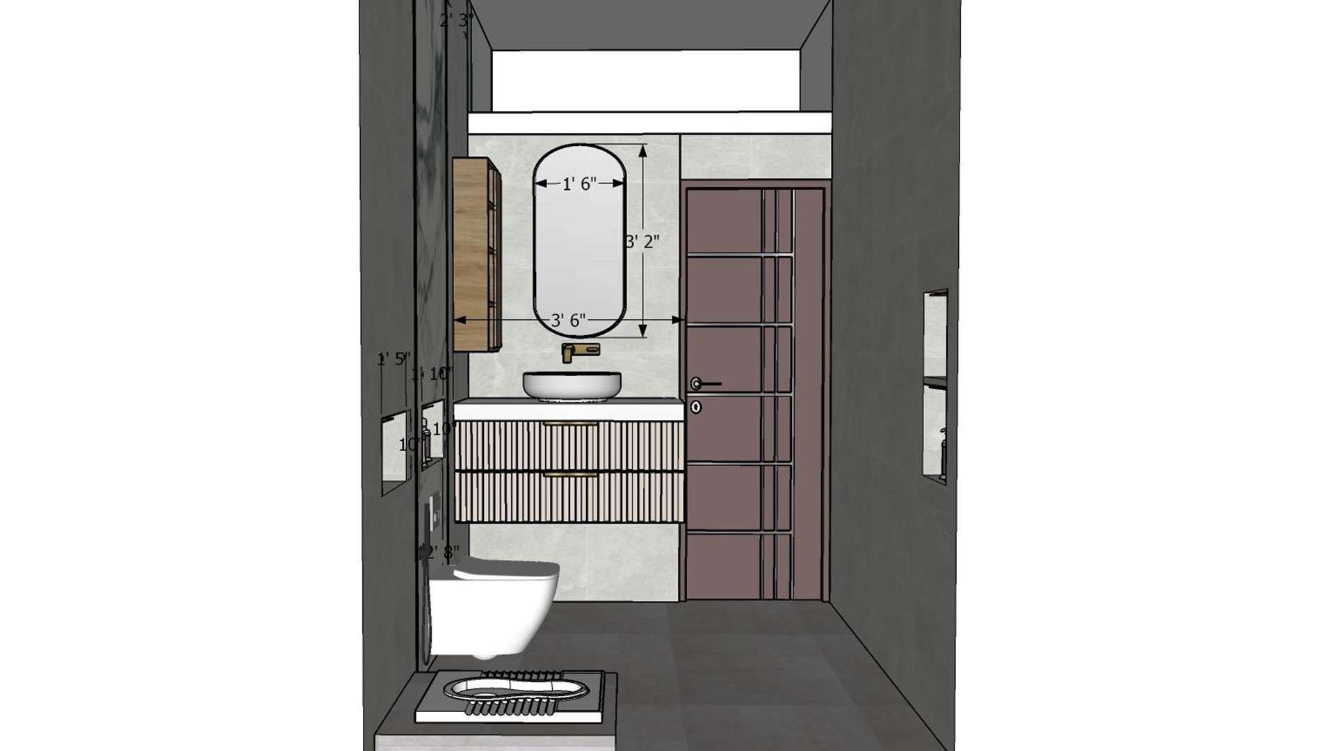 Image of the bathroom featuring a sleek vanity unit with a mirror and wall-mounted lighting against a tiled wall 2d dimensions