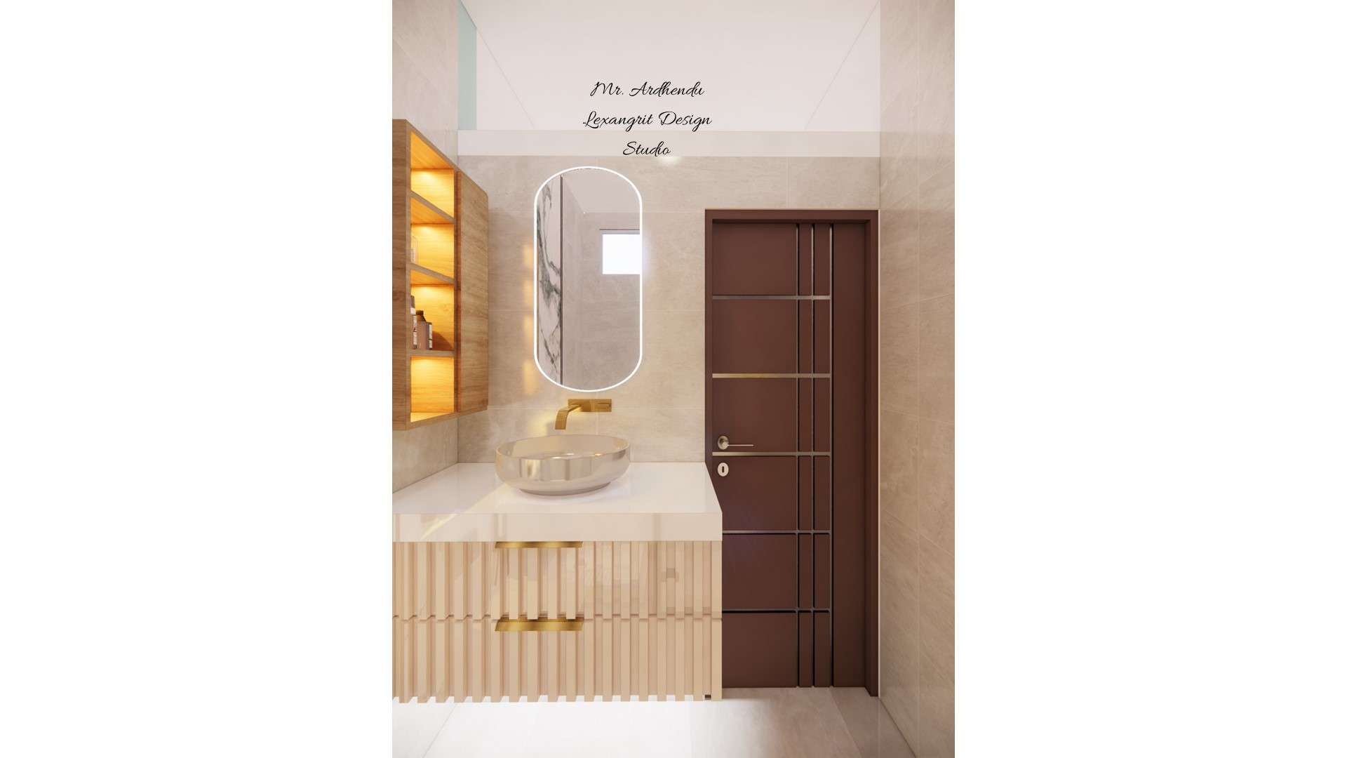 Image of the bathroom featuring a sleek vanity unit with a mirror and wall-mounted lighting against a tiled wall