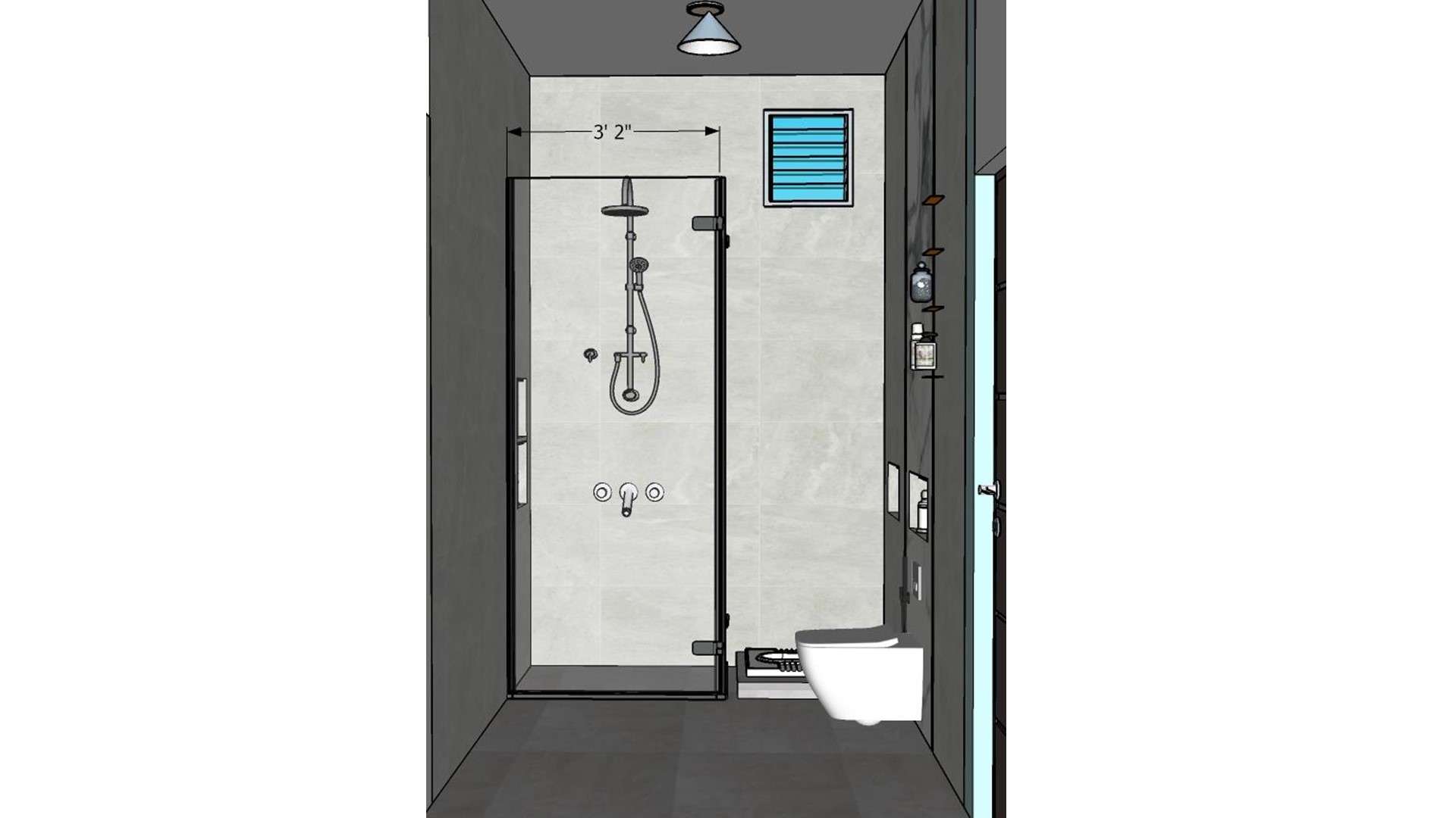 Image of the bathroom showcasing a spacious shower area with a glass partition and modern fixtures against a tiled wall 2d dimensions