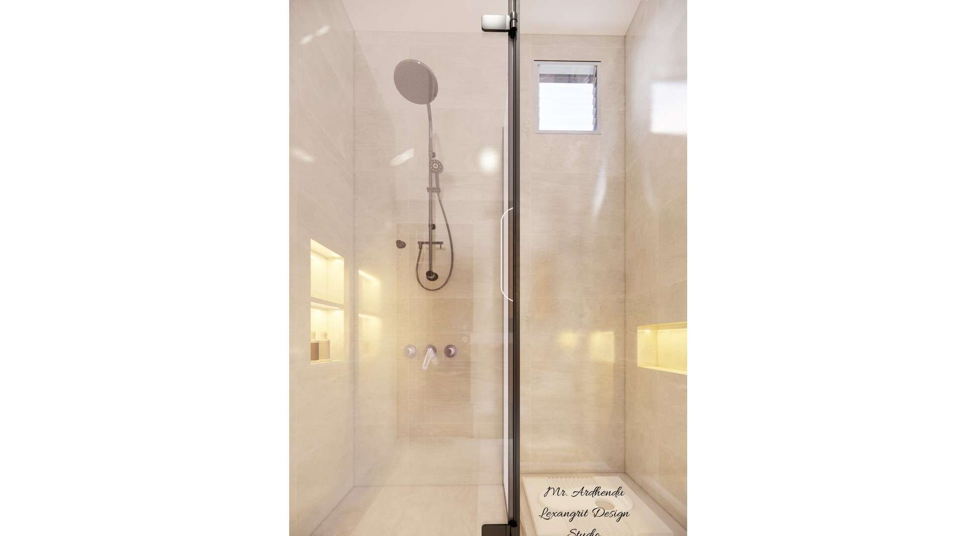 Image of the bathroom showcasing a spacious shower area with a glass partition and modern fixtures against a tiled wall
