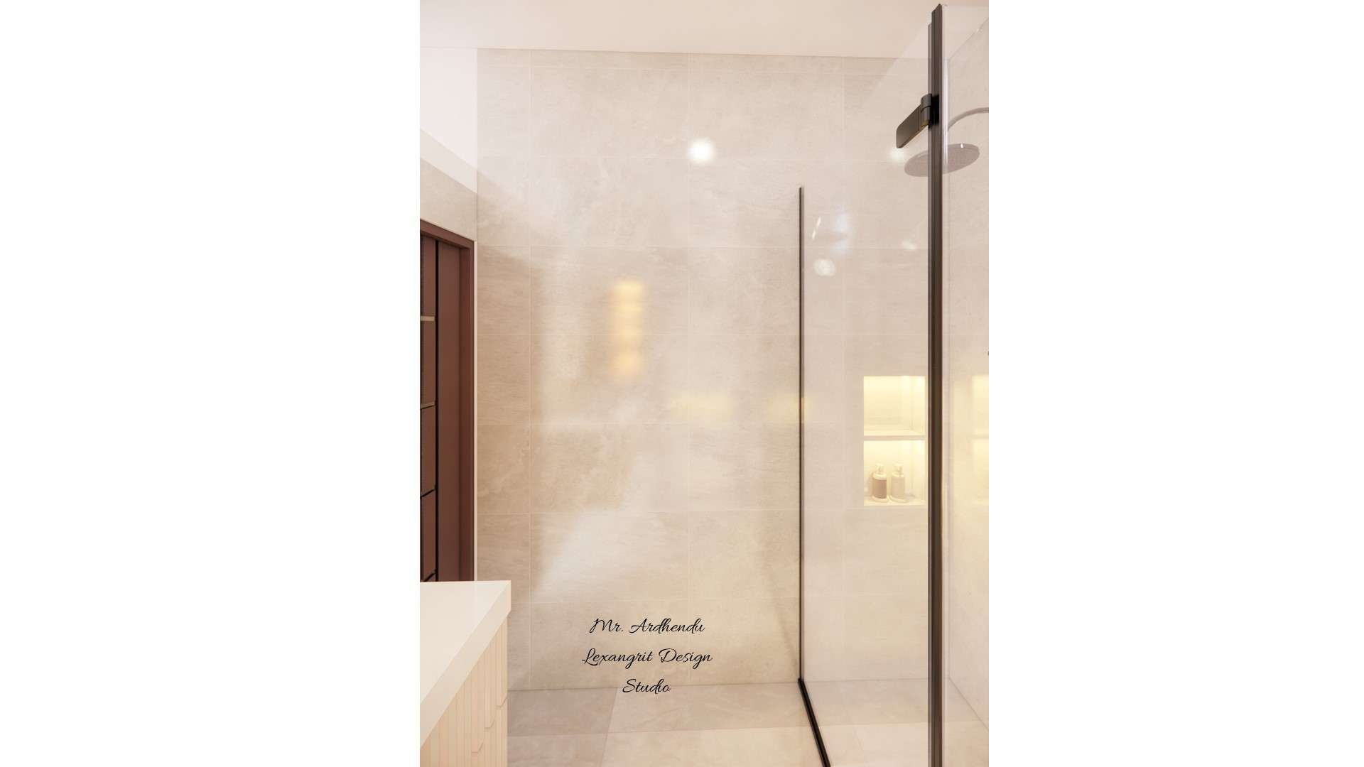 Image of the bathroom showcasing a spacious shower area with a glass partition and modern fixtures against a tiled wall
