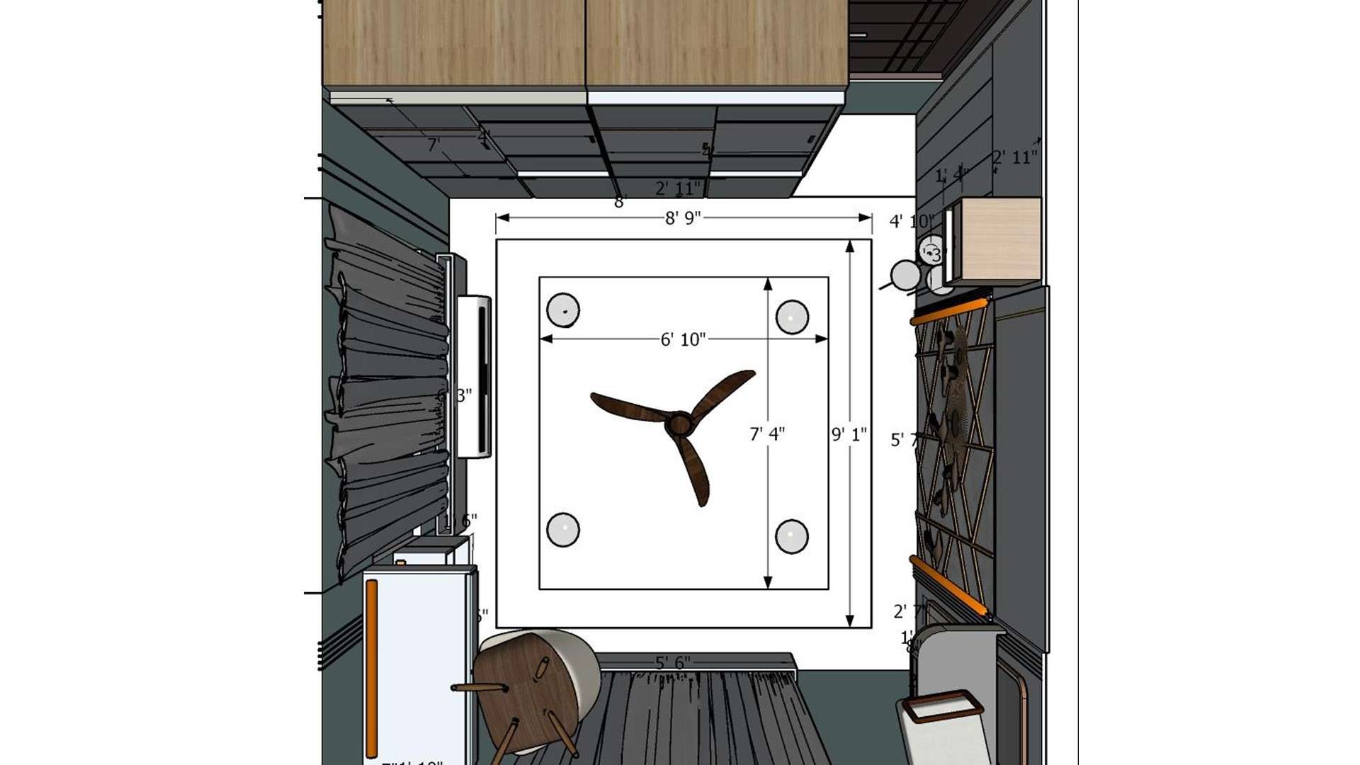 image of the kid's room ceiling, showing recessed lighting and a central ceiling light fixture 2d