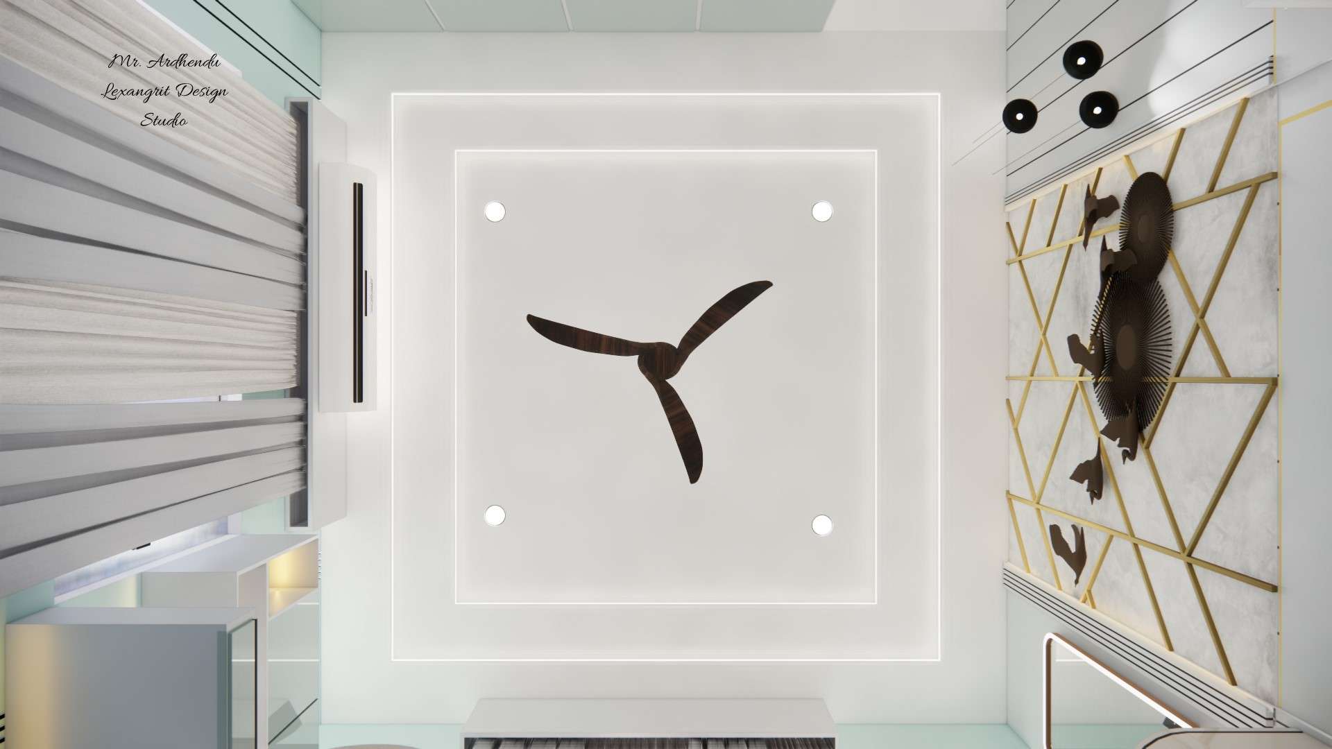 image of the kid's room ceiling, showing recessed lighting and a central ceiling light fixture