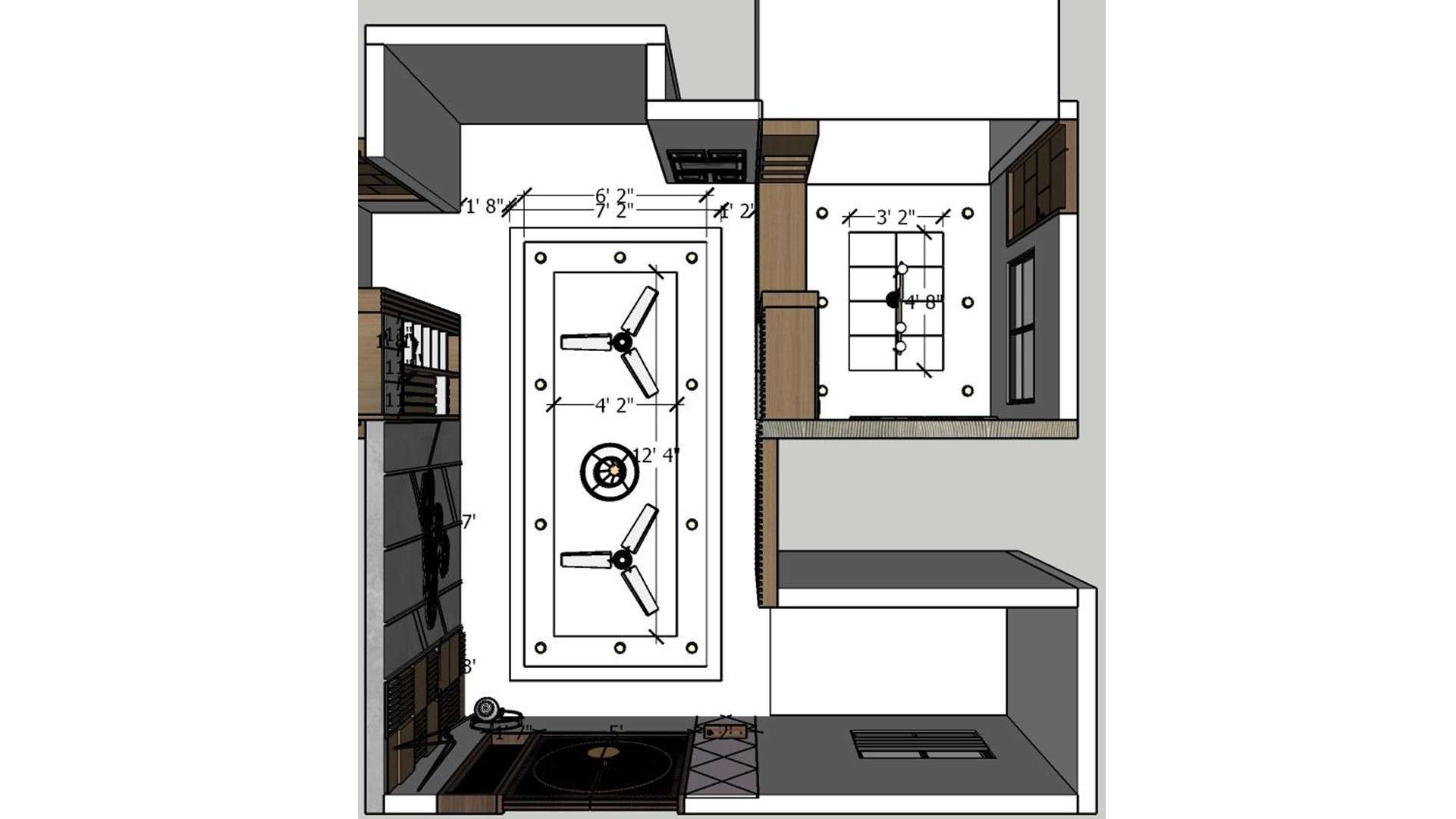 Image of the living room ceiling, showing recessed lighting and a modern ceiling two fan 2d dimensions