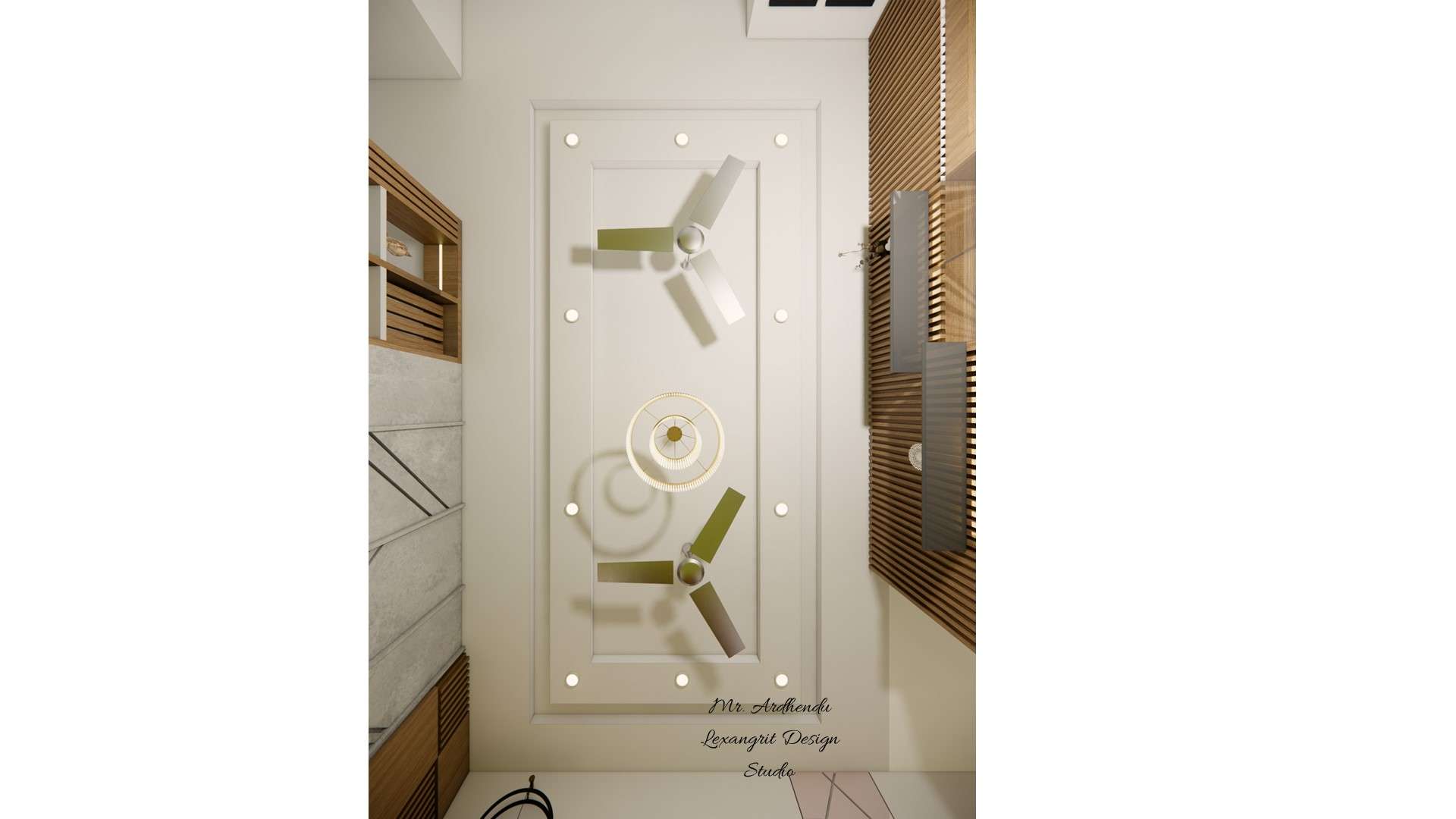 Image of the living room ceiling, showing recessed lighting and a modern ceiling two fan