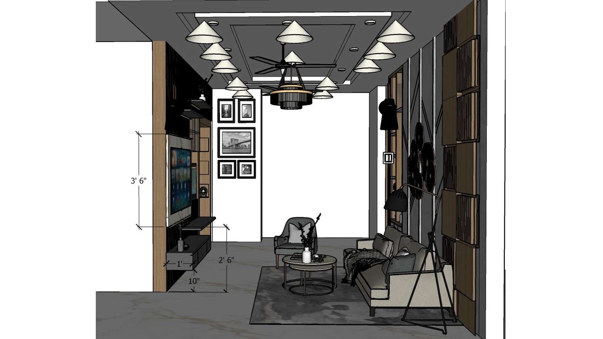 Image of the living room featuring a modern entertainment center with a flat-screen TV and built-in shelves against a sleek accent wall 2D dimensions