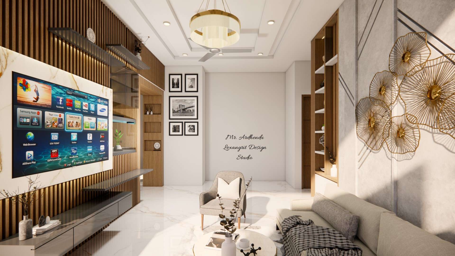 Image of the living room featuring a modern entertainment center with a flat-screen TV and built-in shelves against a sleek accent wall