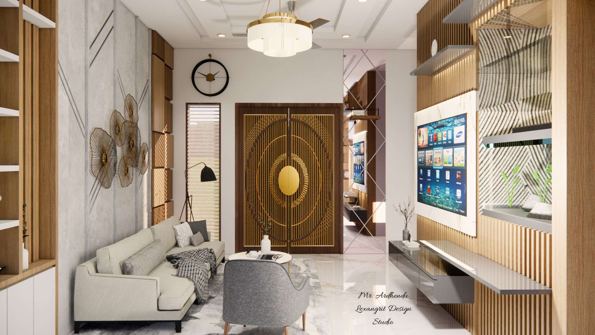 Image of the living room featuring a modern entertainment center with a flat-screen TV and built-in shelves against a sleek accent wall