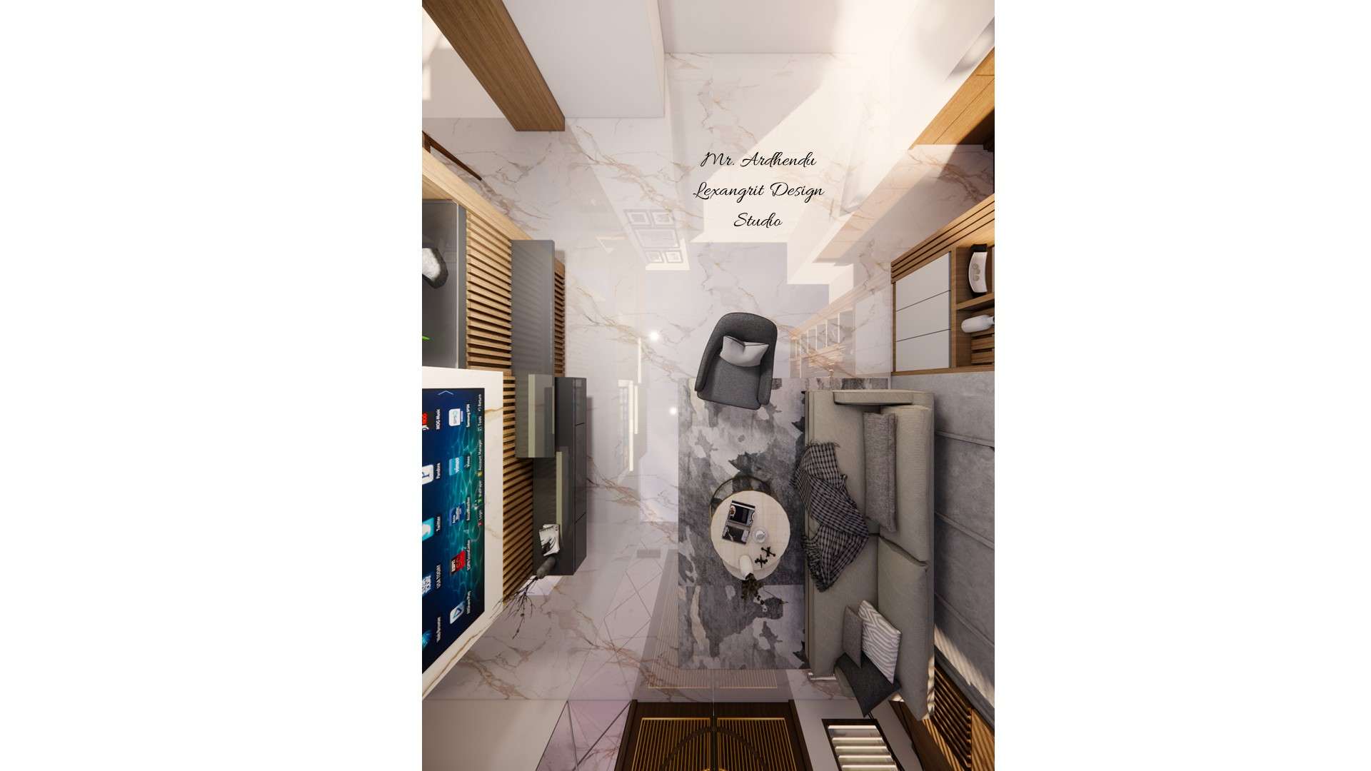 Image of the living room flooring, featuring polished wooden floorboards with a patterned rug in the seating area