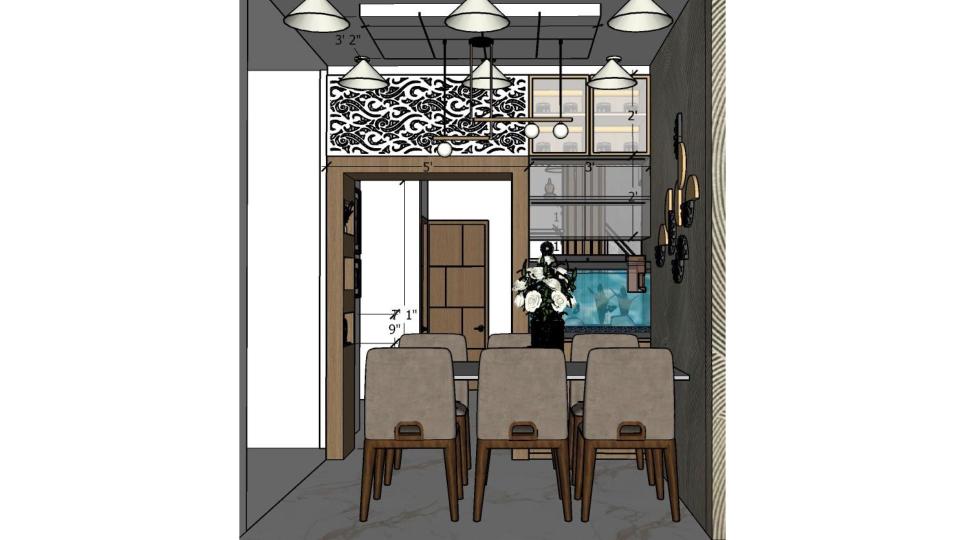 Image of the living room highlighting a spacious dining area with a contemporary dining table, chairs, and an elegant chandelier against a decorated wall 2d dimensions