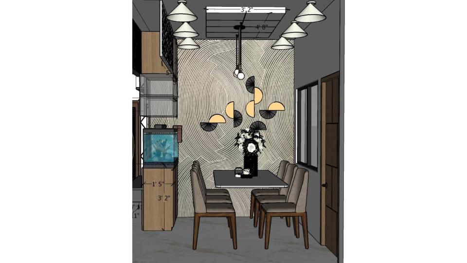 Image of the living room highlighting a spacious dining area with a contemporary dining table, chairs, and an elegant chandelier against a decorated wall 2d dimensions