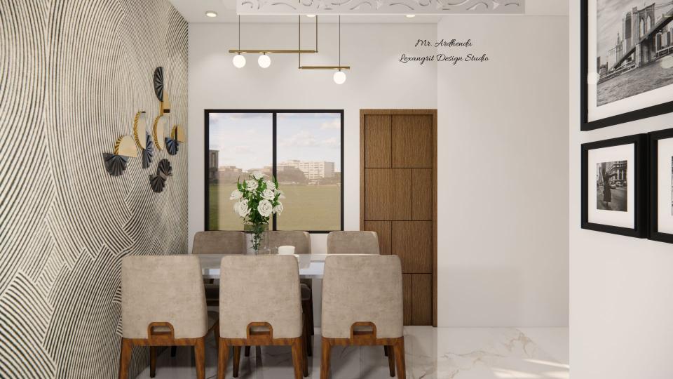 Image of the living room highlighting a spacious dining area with a contemporary dining table, chairs, and an elegant chandelier against a decorated wall