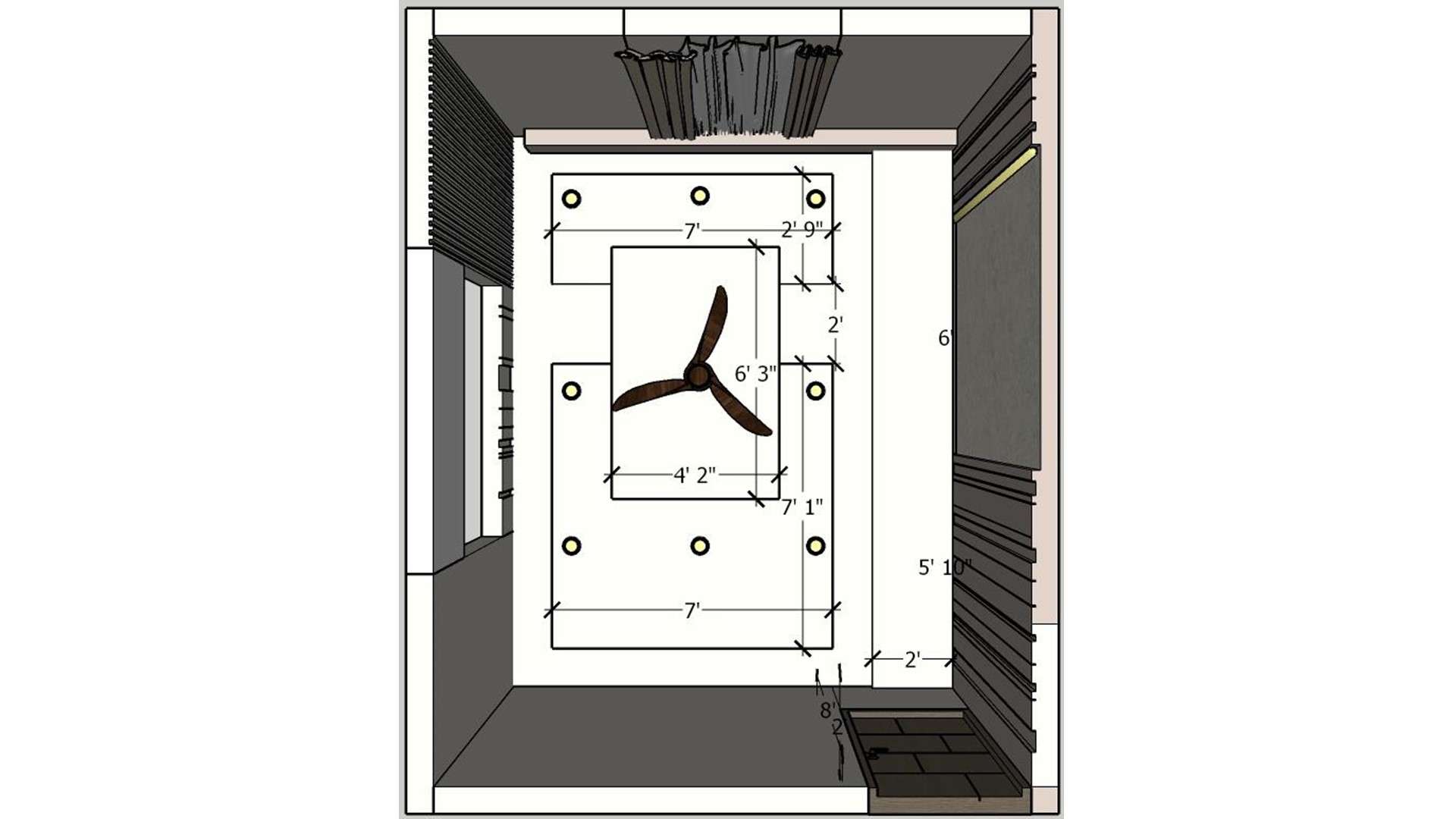 Image of the master bedroom ceiling, showing recessed lighting and a central ceiling light fixture 2d dimensions