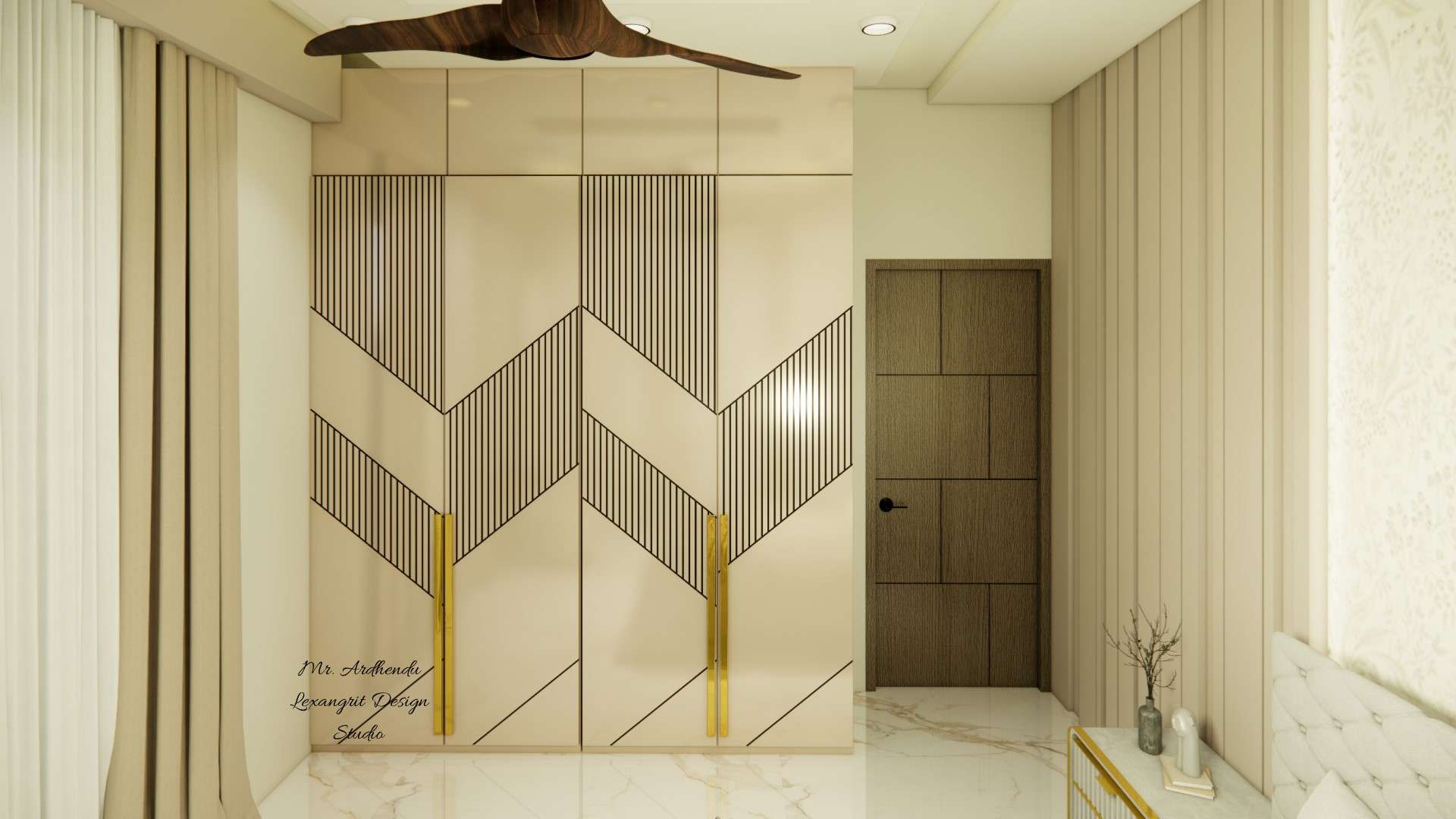 Image of the master bedroom highlighting a spacious wardrobe with sliding doors and a full-length