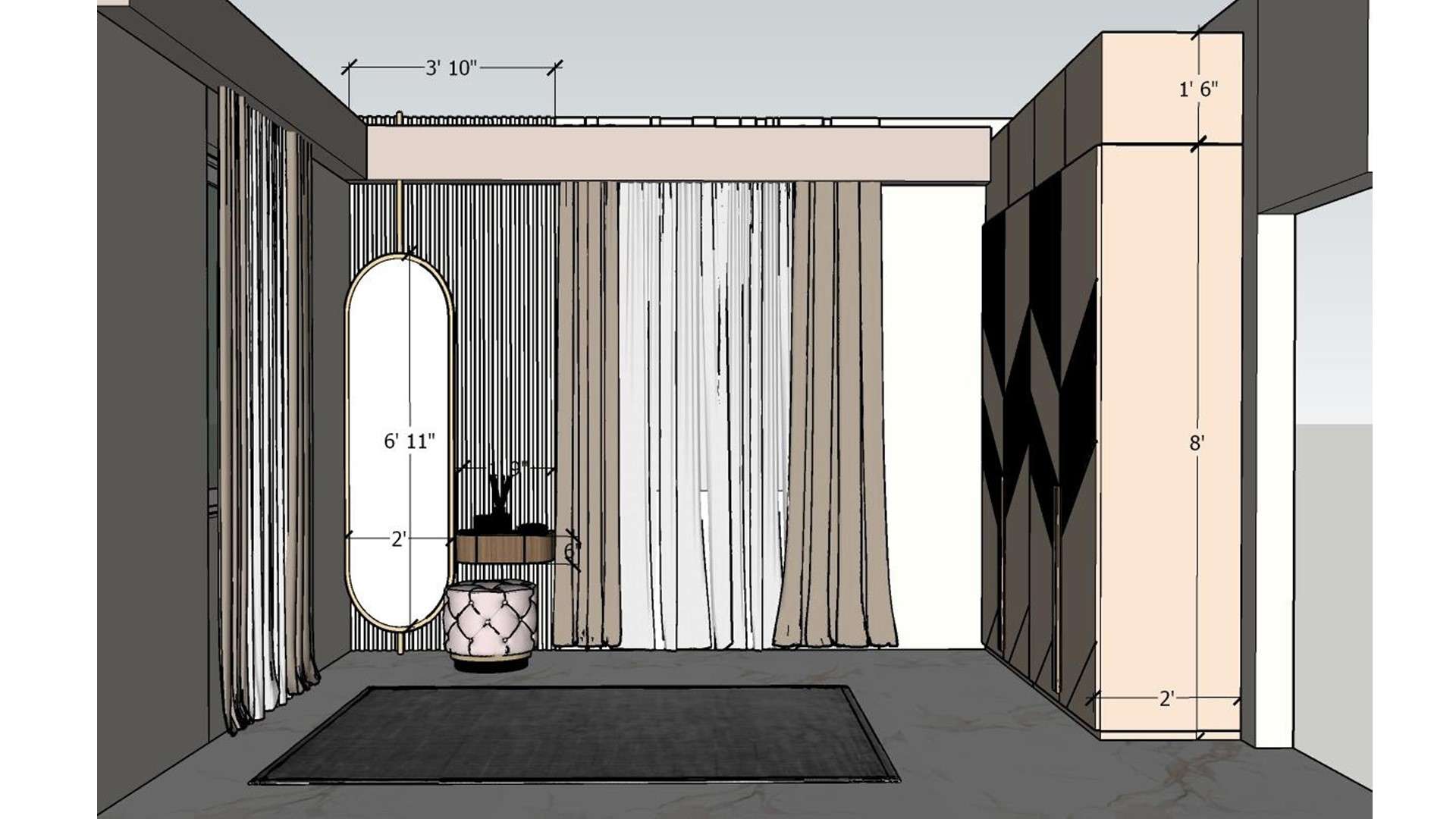 image of the master bedroom showcasing a stylish dresser with a large mirror and decorative items against a soft-colored wall 2d