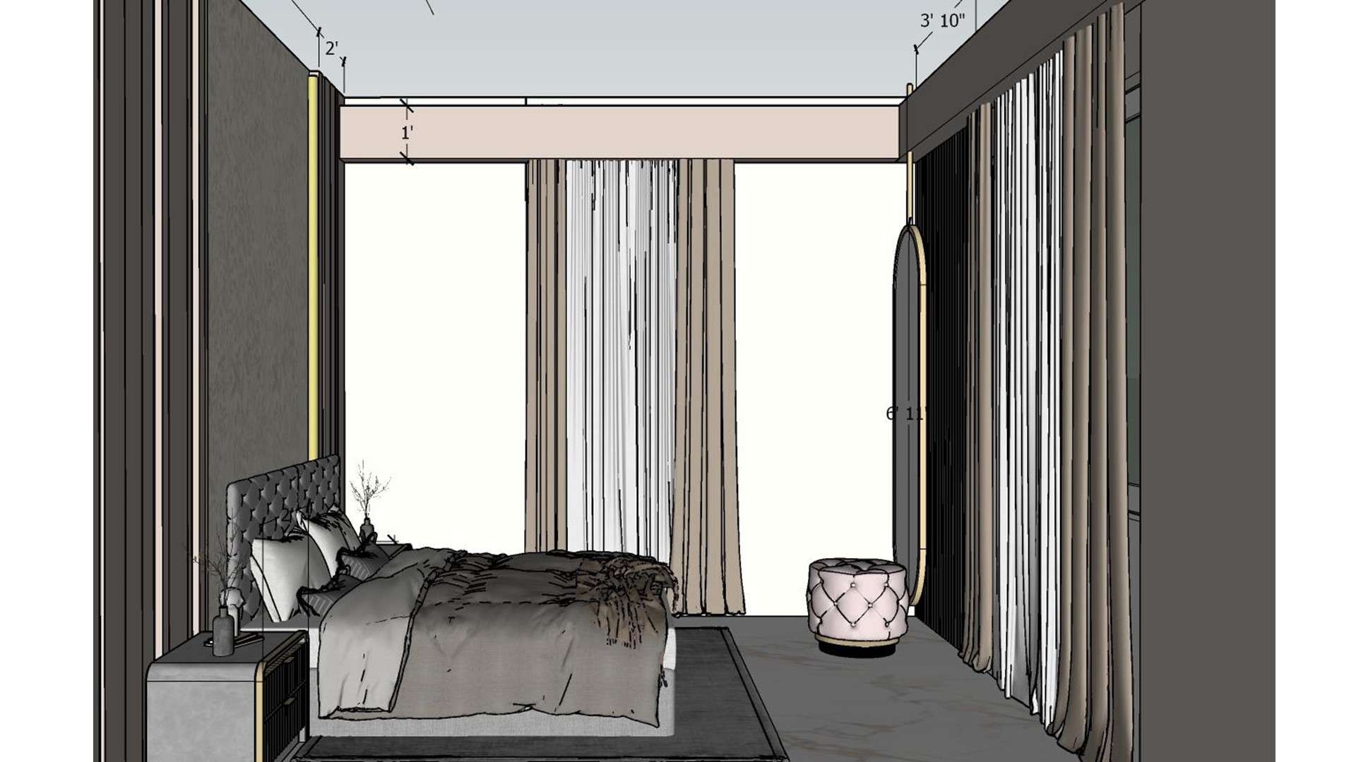 Image of the master bedroom showcasing a stylish dresser with a large mirror and decorative items against a soft-colored wall 2d dimensions