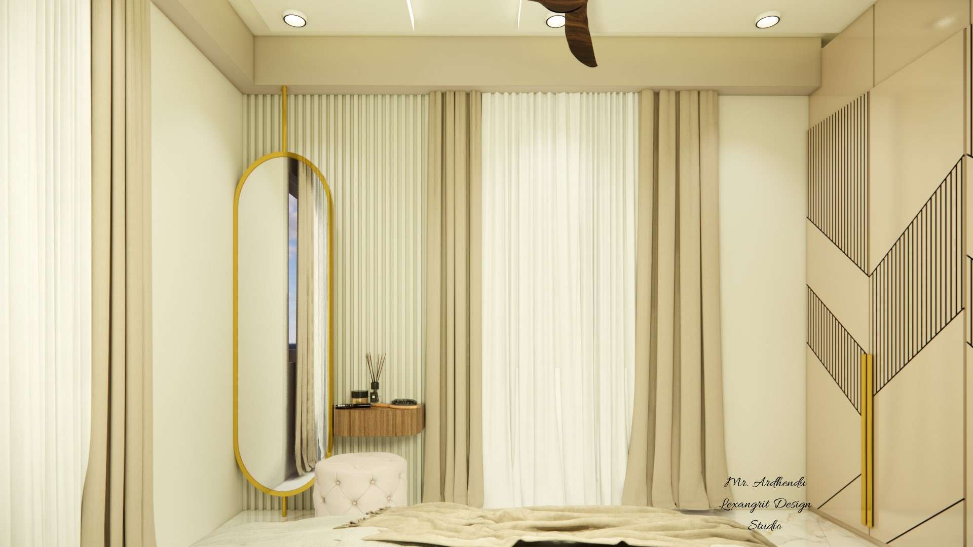 image of the master bedroom showcasing a stylish dresser with a large mirror and decorative items against a soft-colored wall