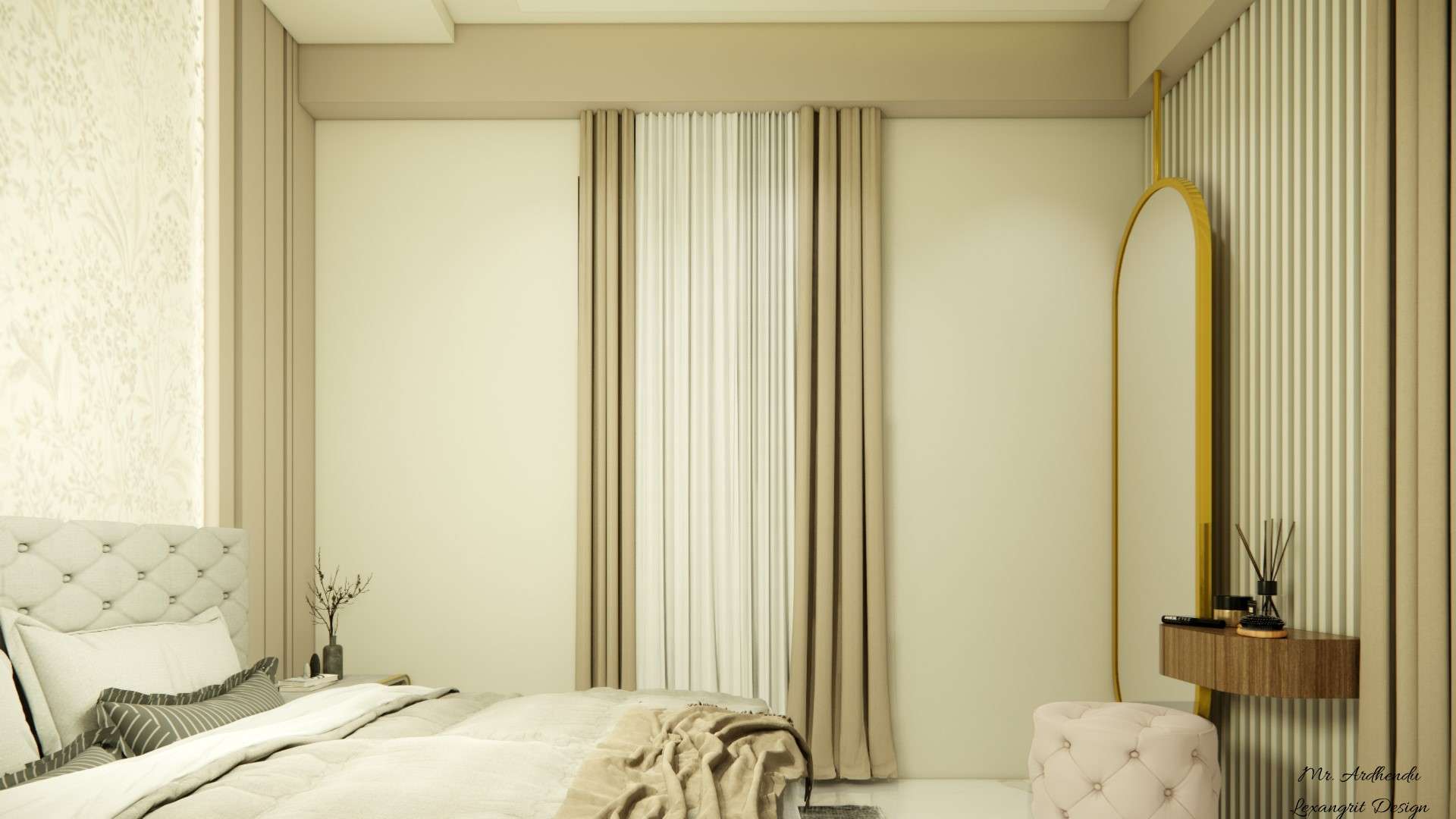 Image of the master bedroom showcasing a stylish dresser with a large mirror and decorative items against a soft-colored wall
