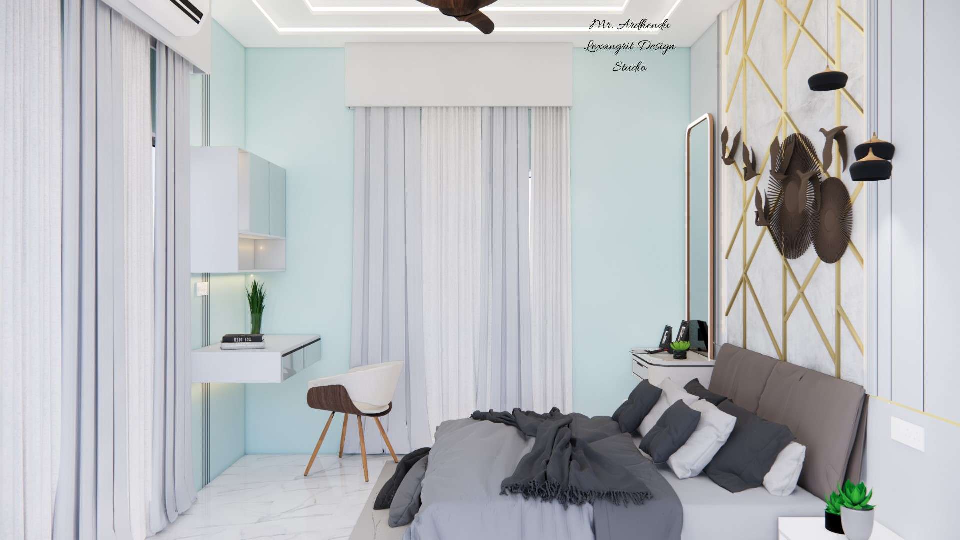 Image of the study room displaying a stylish bookcase filled with books and decorative items against a neutral-toned wall