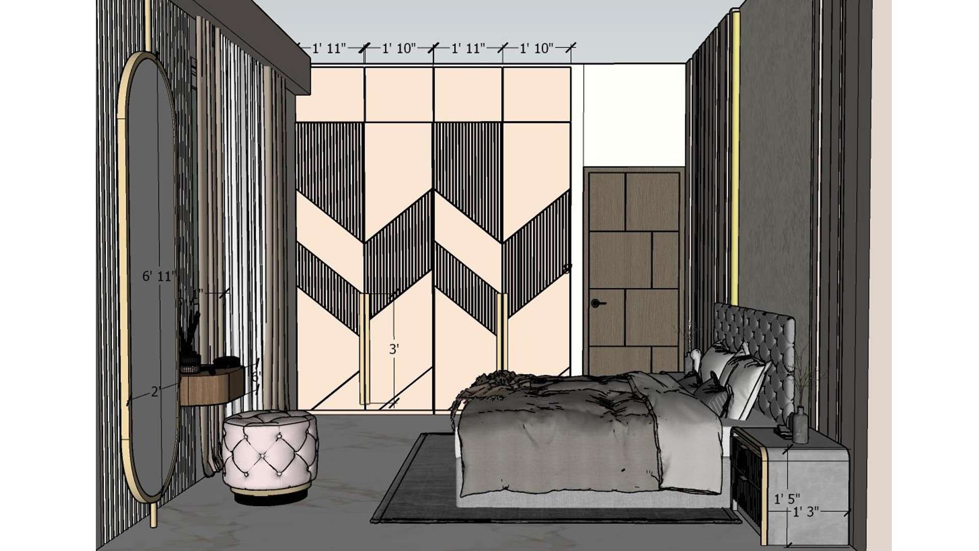 2D front elevation working drawing of ivory bedroom wardrobe with loft showing 4 swing doors with groove cutting and 30 inch golden PVD coated handles with exact dimensions by Lexangrit Design Studio