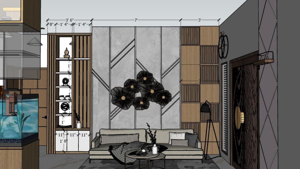 Living room HDHMR fluted panel wall and wooden cabinet measurement drawing showing detailed dimensions, wall elevation, panel spacing, and base cabinet layout plan.