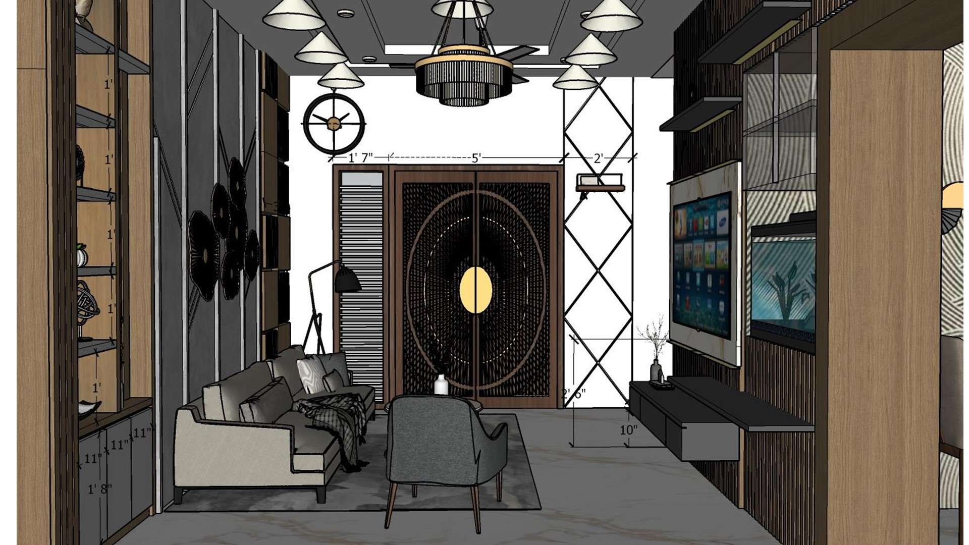 2D working drawing of living room main door entry with mirror panelling on column showing exact measurements and dimensions by Lexangrit Design Studio