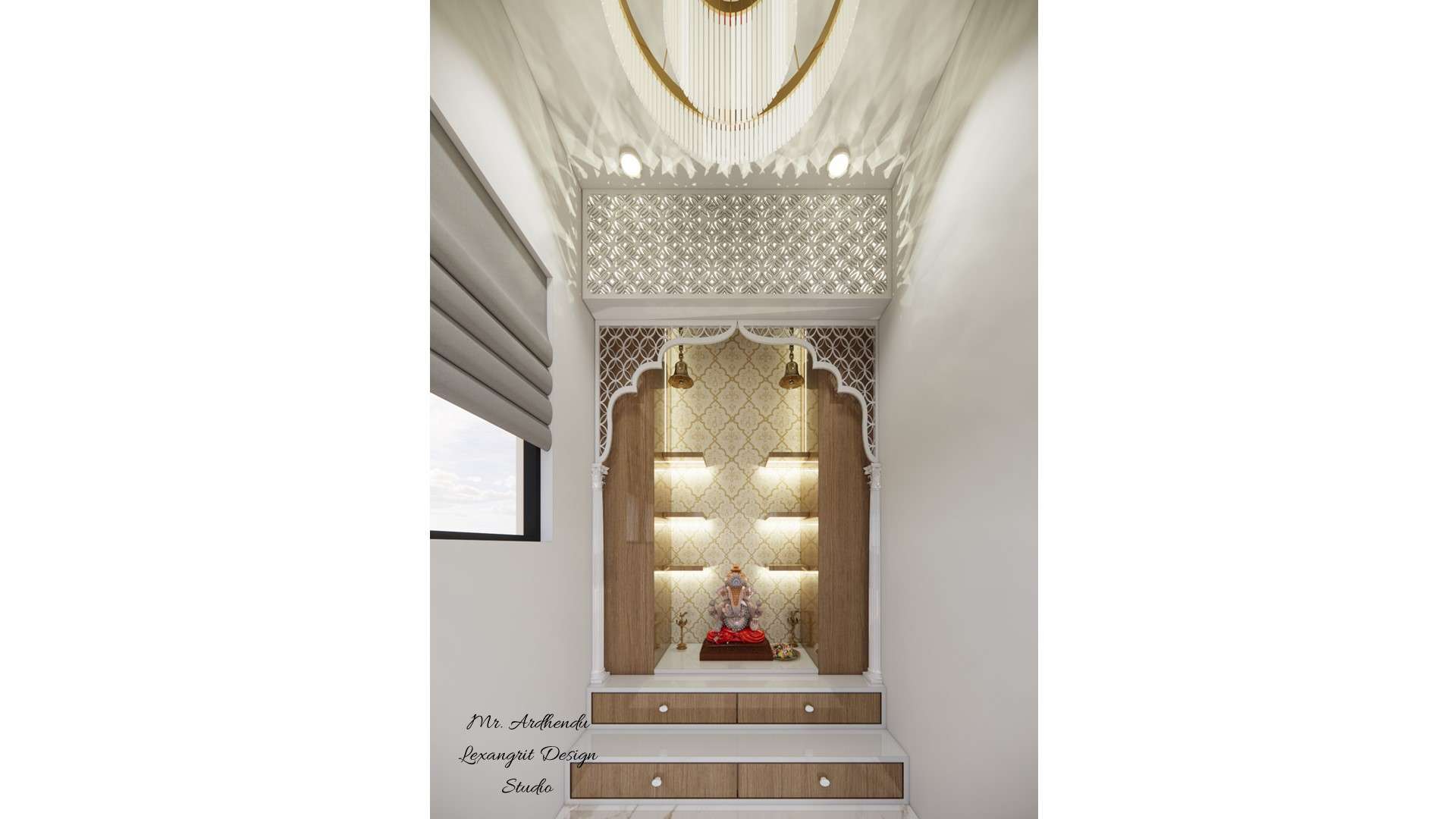 Puja room mandir design for home with CNC jali cutting front view showing wooden mandir design with door for flat or house interior by Lexangrit Design Studio