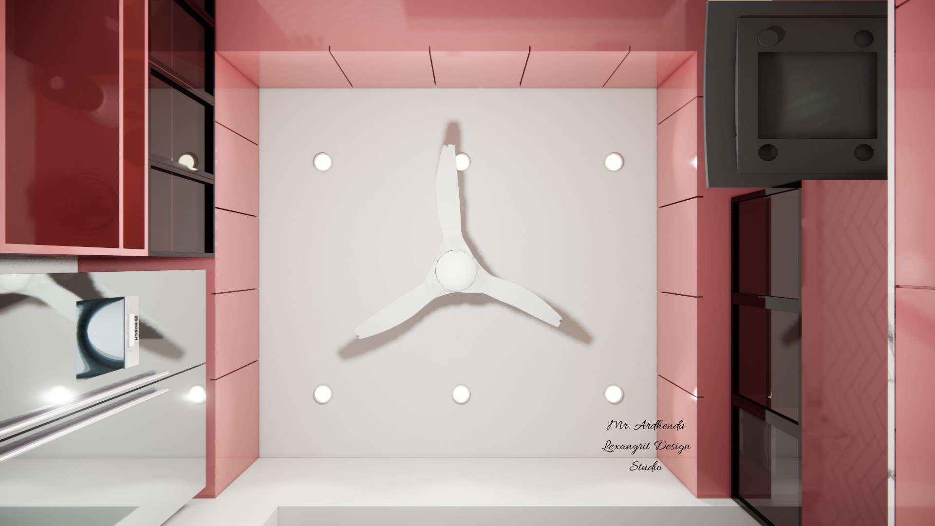 Rendered image of the kitchen ceiling, showing recessed lighting and a modern exhaust fan