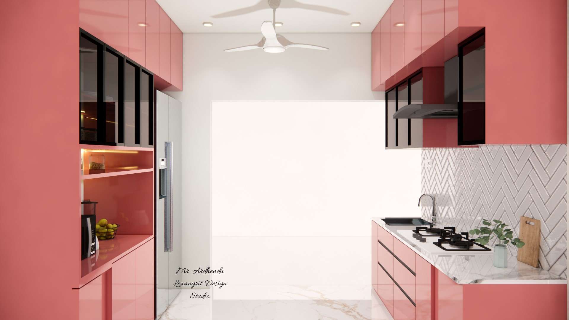 Rendered image of the kitchen displaying a functional cooking area with a gas stove, oven, and a range hood against a tiled wall.