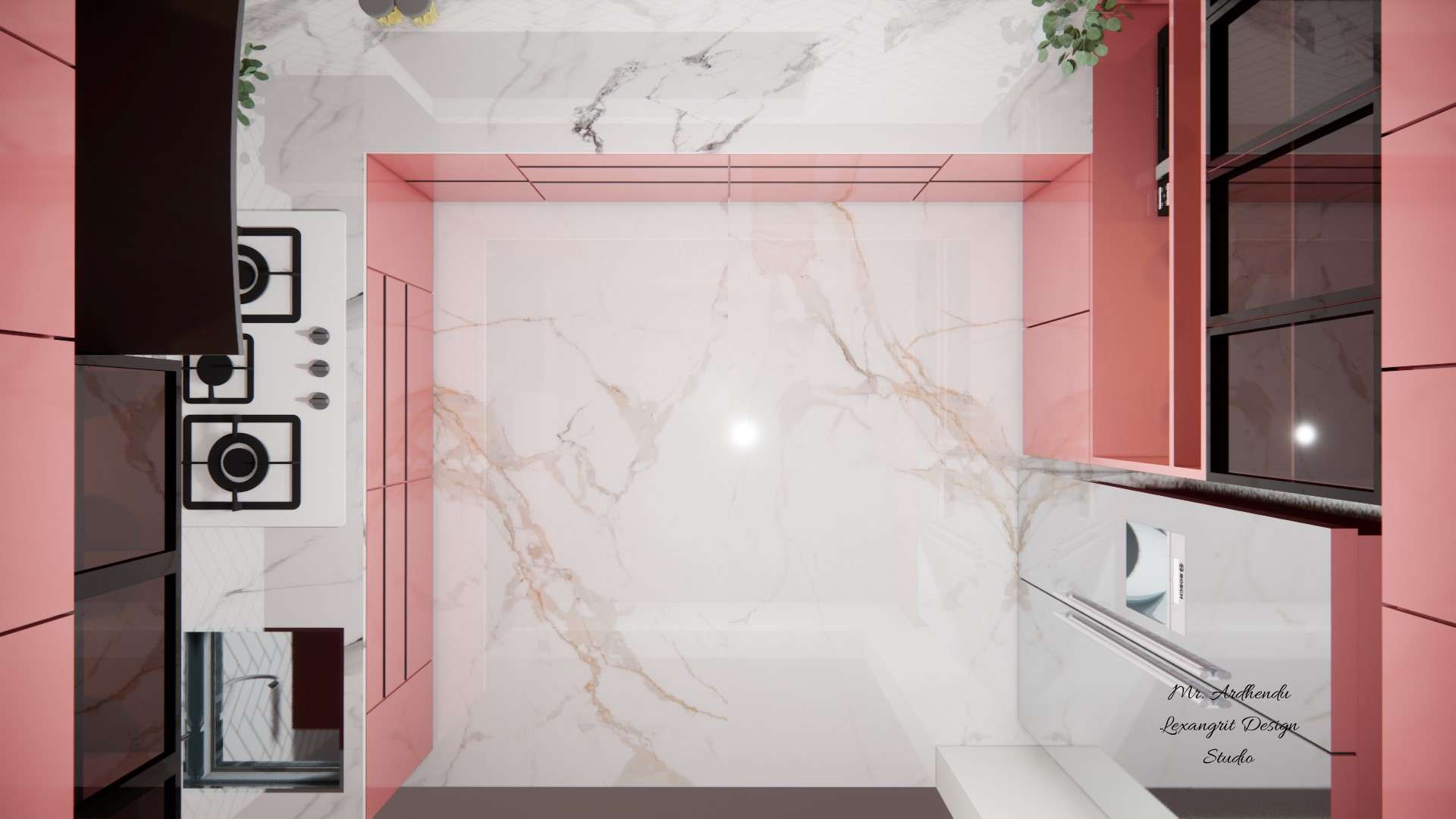 Rendered image of the kitchen flooring, featuring polished tiles with a subtle pattern