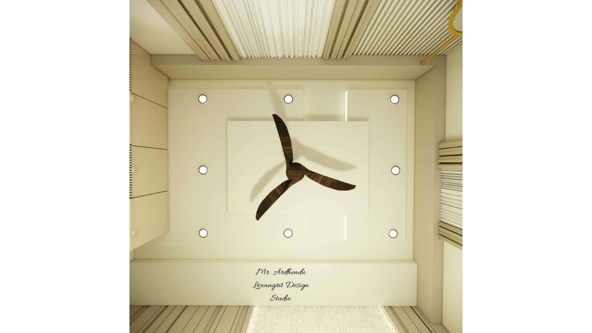 Small bedroom gypsum false ceiling design to hide beam with elegant and practical ceiling solution for compact Indian bedrooms by Lexangrit Design Studio