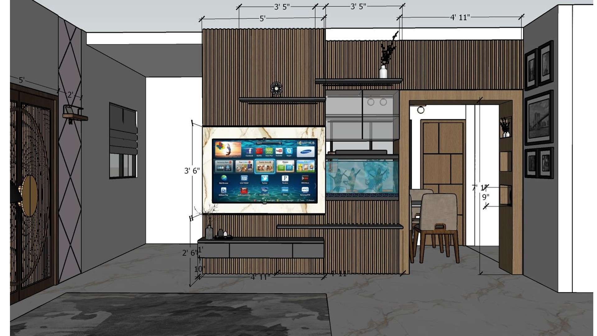 2D full wall elevation measurement drawing of living room TV unit showing wooden louvers, marble finish UV sheet back panel, hanging vanity with drawers and aquarium with exact dimensions by Lexangrit Design Studio