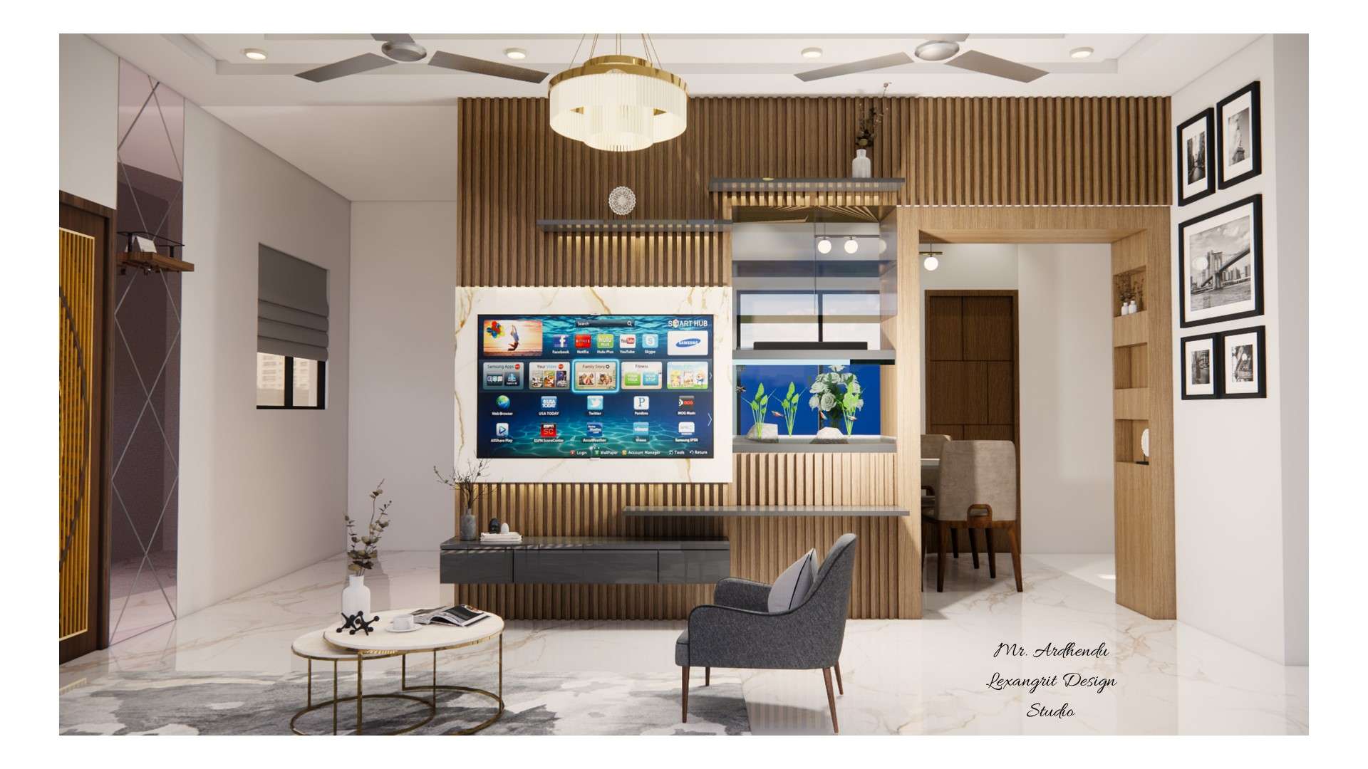 TV unit with aquarium design featuring wooden louvers, marble finish UV sheet back panel and hanging vanity with drawers for 43 inch TV in living room by Lexangrit Design Studio