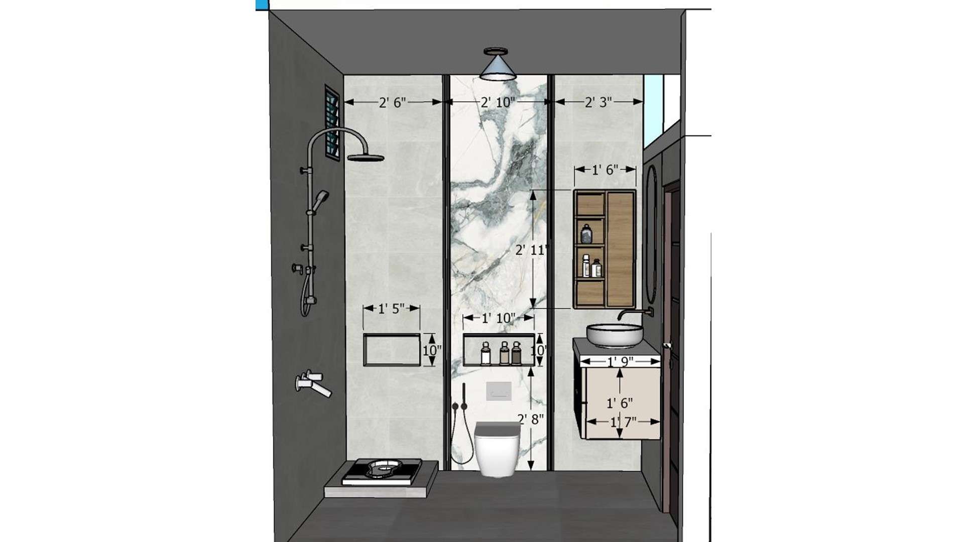 2D front elevation working drawing of washroom layout showing Indian commode, western commode with glass partition, handwash vanity with mirror and shower area with exact dimensions by Lexangrit Design Studio