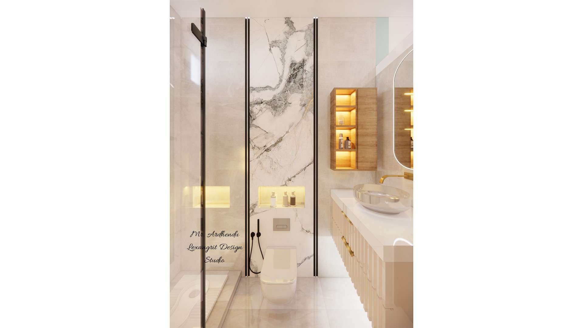 Washroom design with Indian style commode, western style commode and handwash vanity with mirror, glass partition between Indian and western WC and shower area by Lexangrit Design Studio