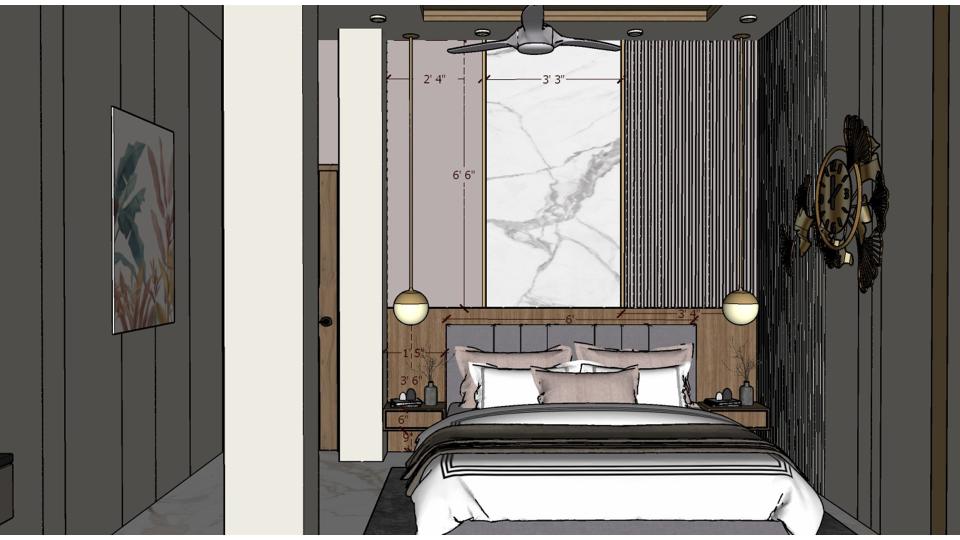 Image of the master bedroom featuring a luxurious bed with a tufted headboard, bedside tables, and pendant lights against an accent wall 2d dimensions