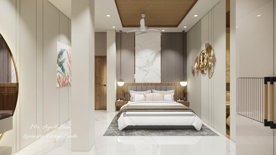 Image of the master bedroom featuring a luxurious bed with a tufted headboard, bedside tables, and pendant lights against an accent wall