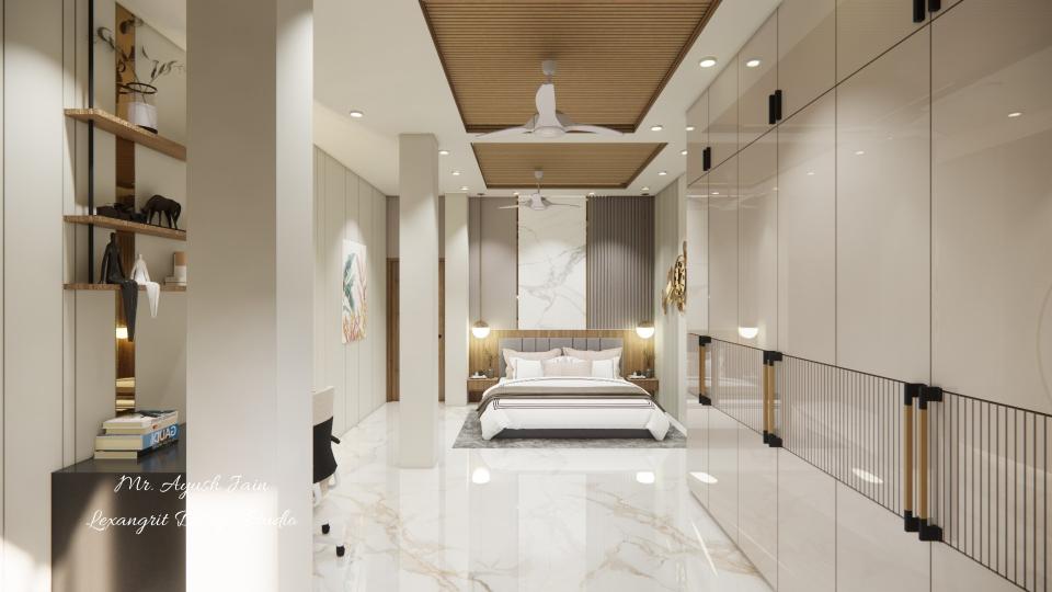 Image of the master bedroom featuring a luxurious bed with a tufted headboard, bedside tables, and pendant lights against an accent wall