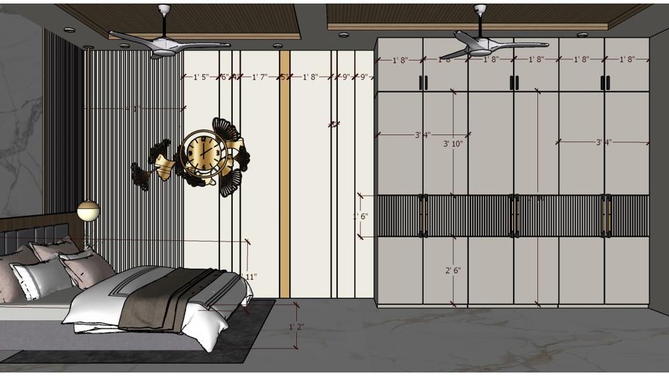 Image of the master bedroom highlighting a spacious wardrobe with sliding doors 2d dimensions