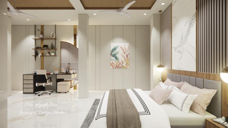 Image of the master bedroom highlighting a spacious wardrobe with sliding doors and a half moon shape mirror